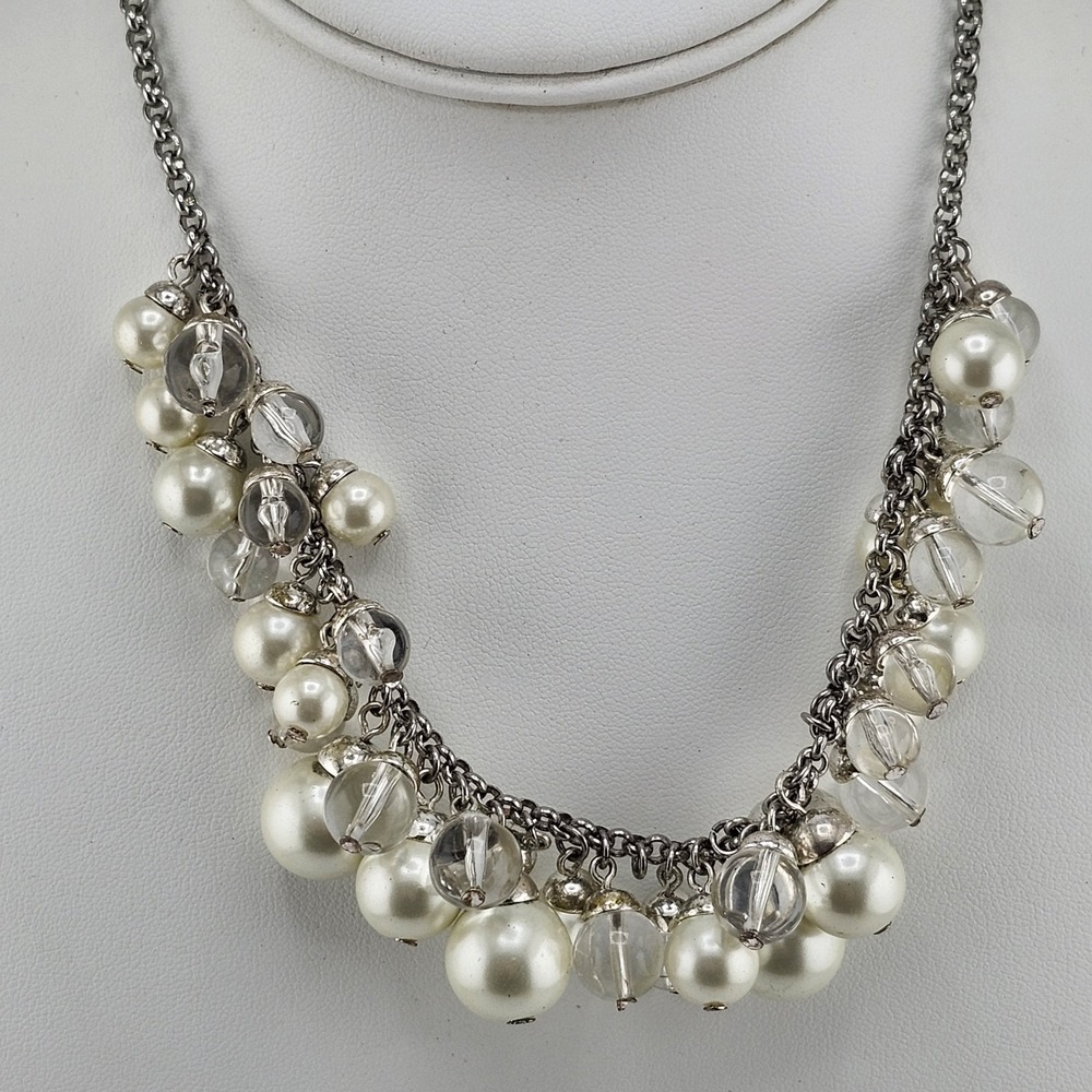Talbots Bib Necklace White Faux Pearls Cluster Clear Beads Silver‎ Tone 16"-18"